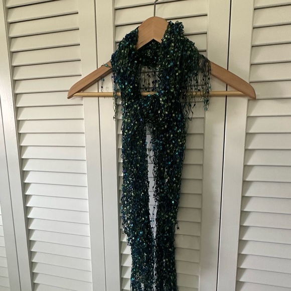 Intricately woven hand made cover up/scarf in cool colors - greens blues purples - Picture 7 of 7